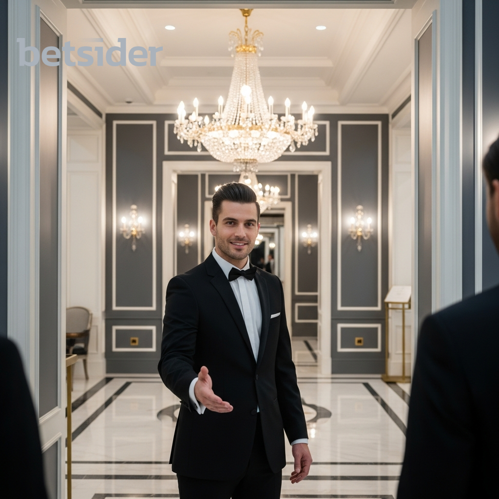 Man in a tuxedo welcoming you with open arms.